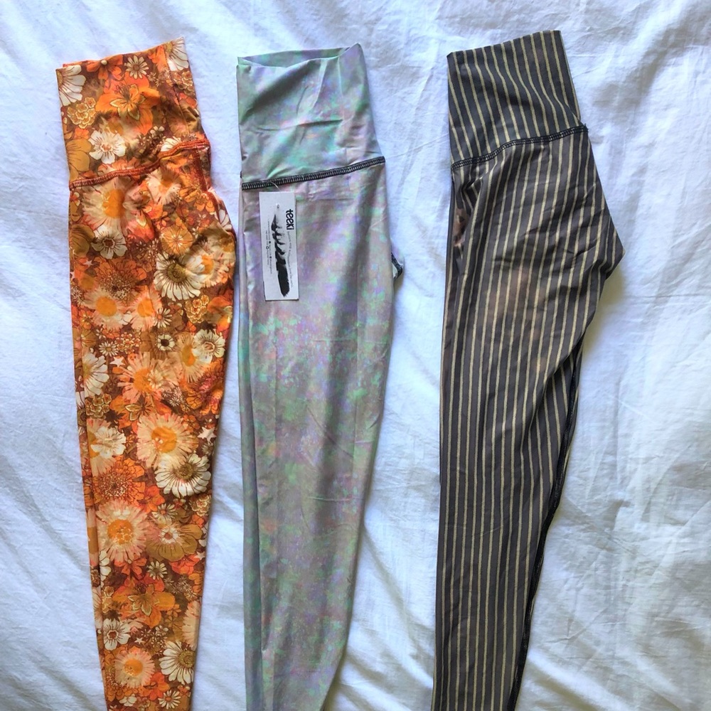 teeki High-Waist Leggings Trio — Orange Floral, Iridescent Pastel, Brown Stripe